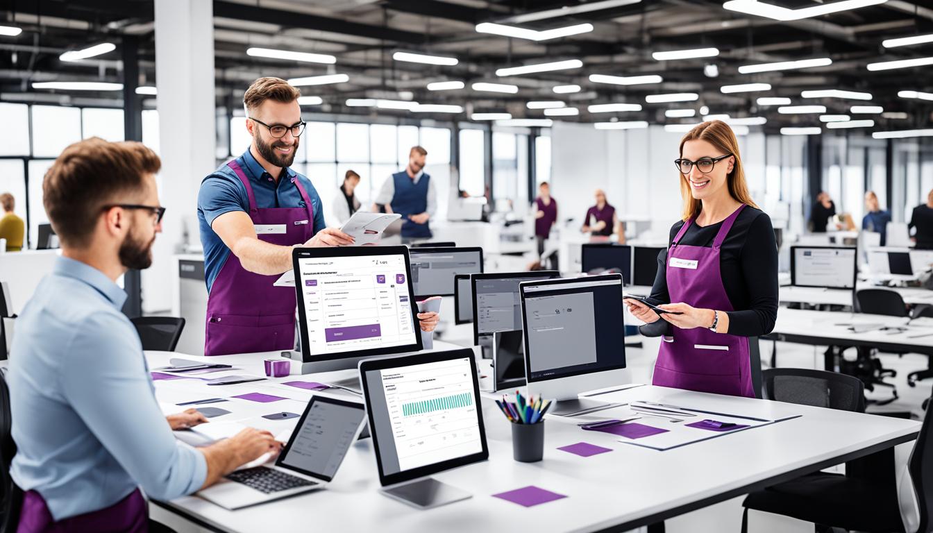 ODOO streamlined business process, with various departments seamlessly interconnected and working together efficiently thanks to Odoo's ERP software. Show employees using different devices to access the software and collaborate easily with each other, with a clear and intuitive interface that makes their tasks easier. Highlight the time-saving benefits of Odoo's automated processes, such as inventory management, order processing, and financial reporting. Use a modern, minimalist design style with a color scheme that evokes reliability, professionalism, and innovation.