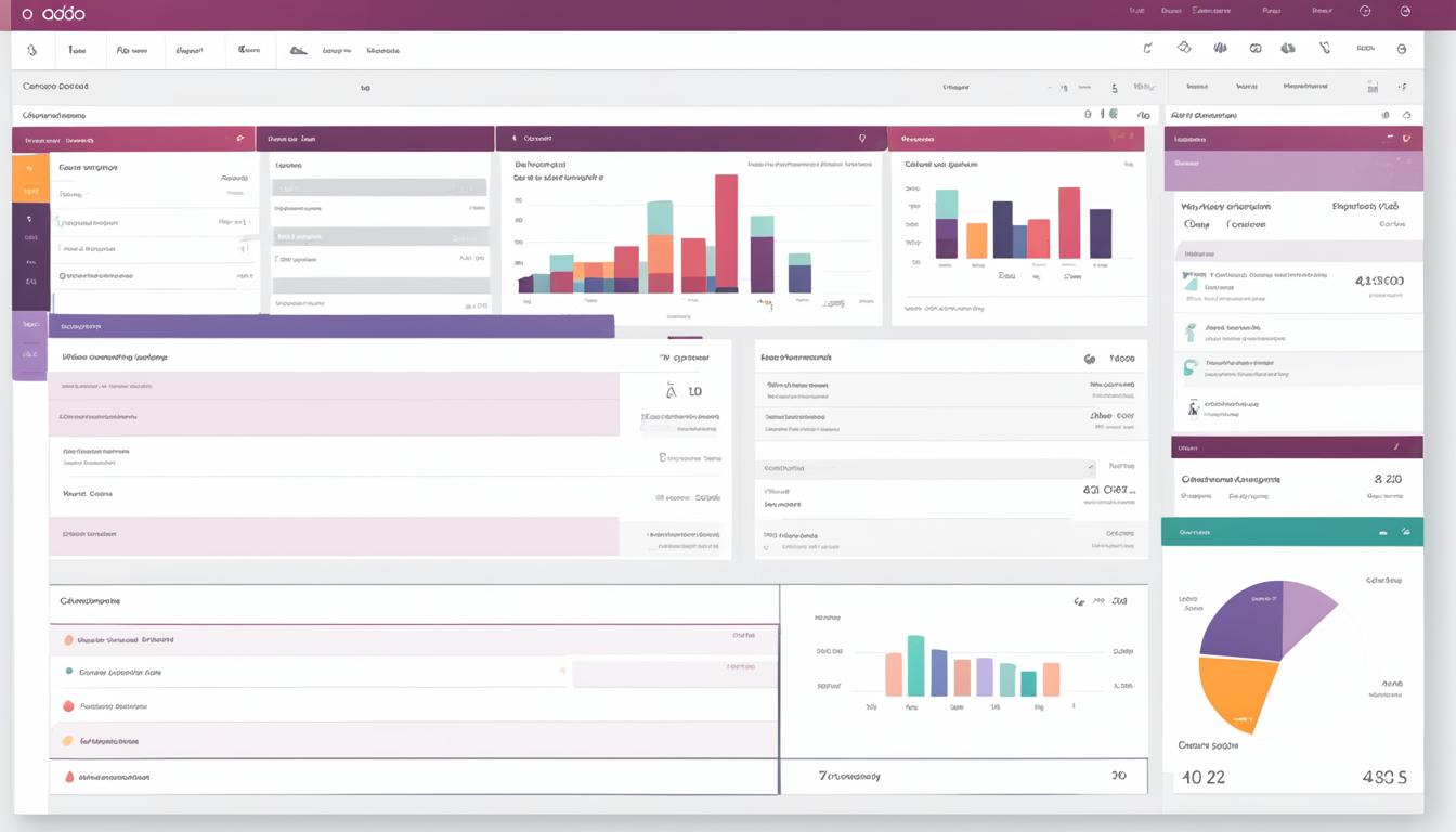 Odoo CRM odern-looking Odoo interface with various modules such as CRM, Accounting, Project Management, and Inventory Management all visible at once. Each module shows different types of data and graphs, indicating the range of customizations available. The user has added their own logo and color scheme to the interface, showing the ease with which branding can be incorporated.